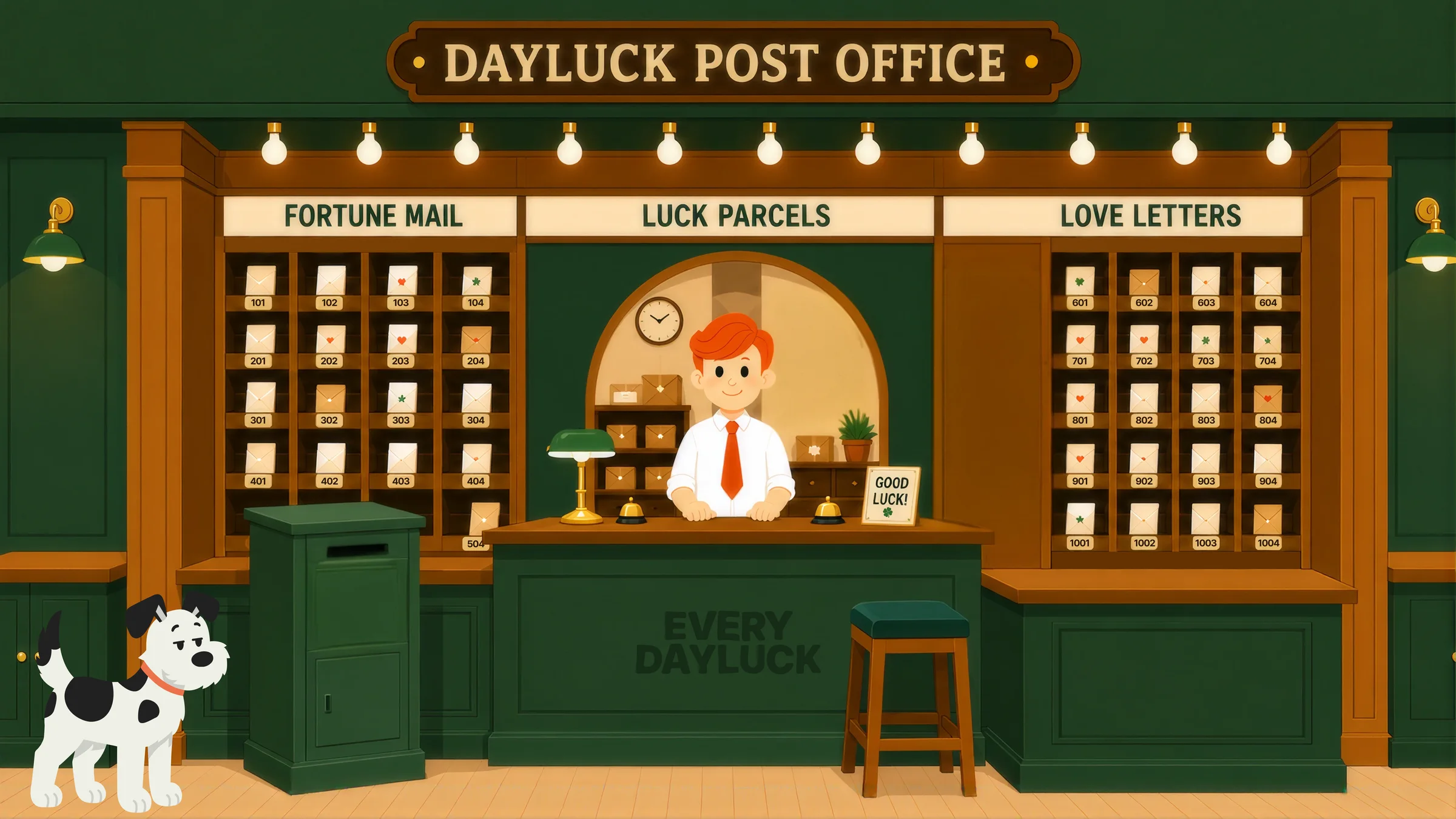 데이럭 우체국 내부 — FORTUNE MAIL, LUCK PARCELS, LOVE LETTERS 창구와 직원이 있는 일러스트