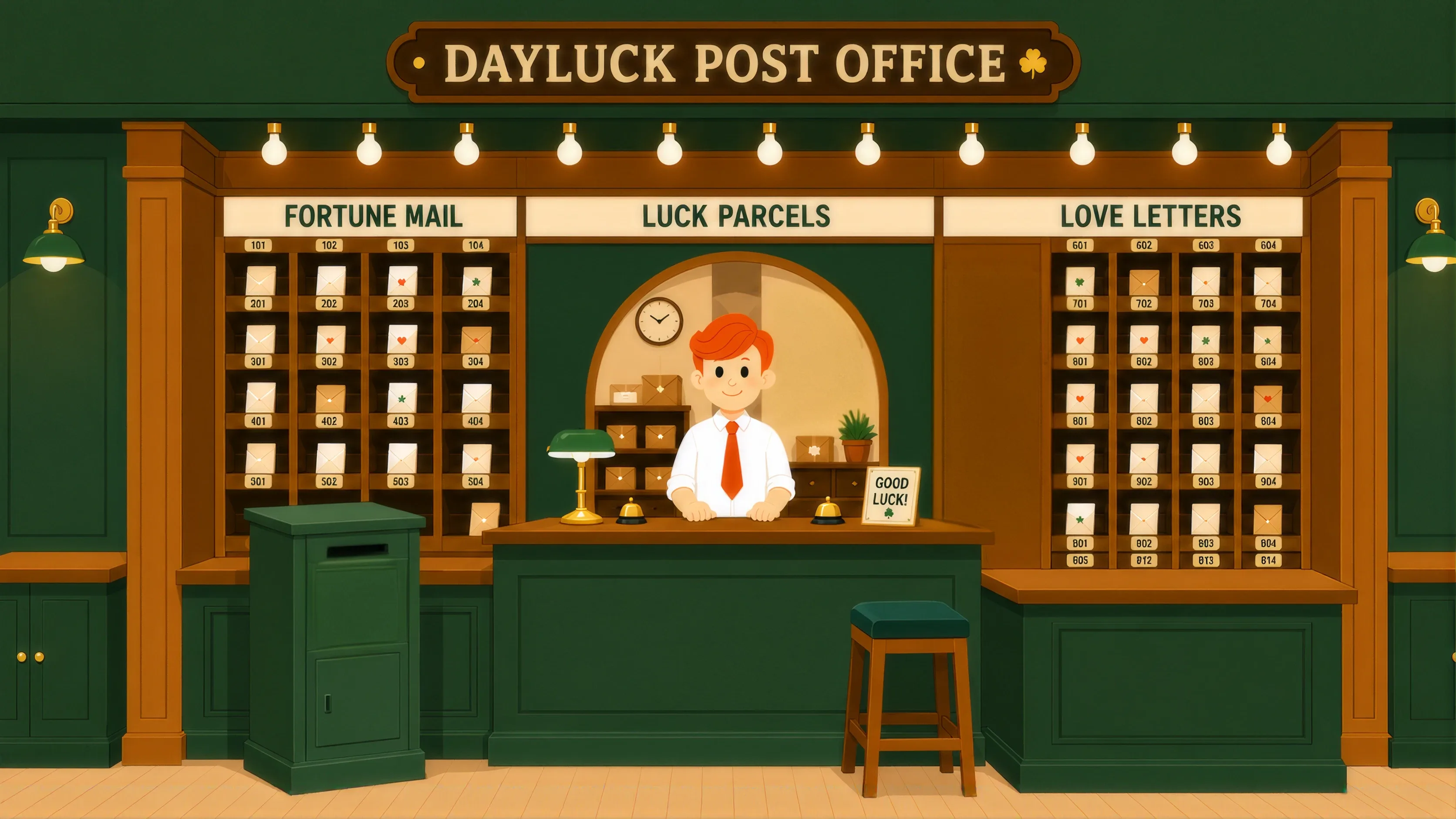 데이럭 우체국 내부 — FORTUNE MAIL, LUCK PARCELS, LOVE LETTERS 창구와 직원이 있는 일러스트